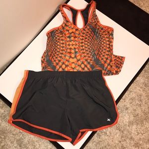 Orange and grey workout shirt and shorts